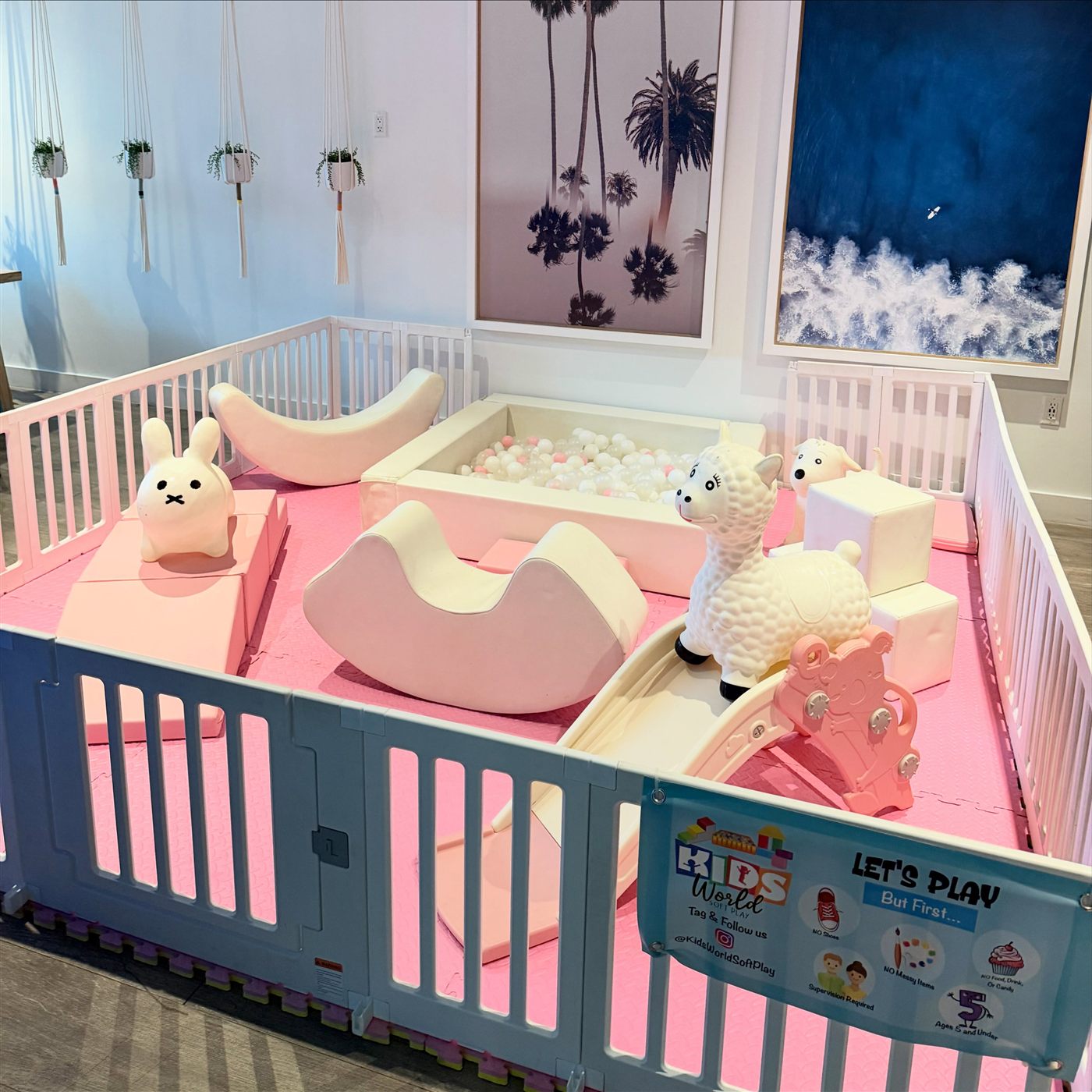 Pink soft play rental with rockers and ball pit