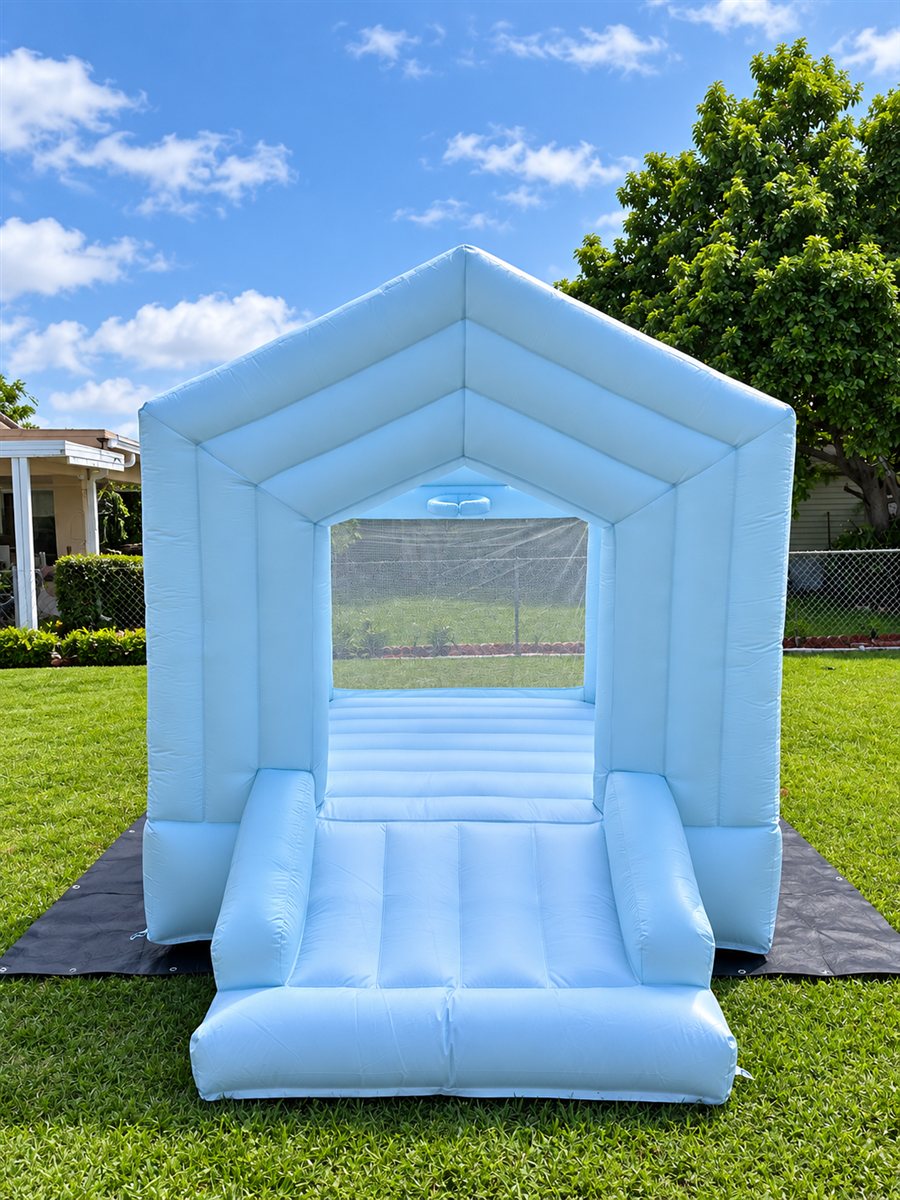 White toddler bounce house with a peaked roof